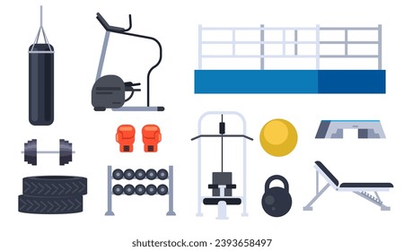 Gym equipment silhouette exercise workout accessories isolated set. Vector flat graphic design illustration
