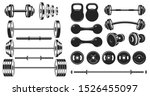 Gym equipment silhouette. Fitness sport, heavy weight barbell and vintage bodybuilding stencil. Wellness equipment, fit exercise or yoga training iron lift sign. Isolated vector illustration icons set