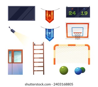 Equipo de gimnasia para clases de deportes y educación física. Banderas de equipos aisladas por vectores, aro de baloncesto, luces y marcador con resultados. Red de fútbol y bolas para ejercicios para niños