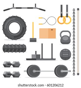 Gym equipment symbols set. Fitness elements. Vector illustration icons in flat style, isolated on white background