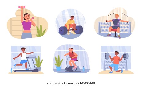 Concepto de entrenamiento de equipos de gimnasio establecido para el Diseño web. Colección con personas de dibujos animados que hacen entrenamiento en el estudio deportivo, haciendo ejercicio con pesas, levantando pesas, caminadora corriendo. Ilustración vectorial.