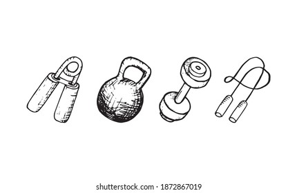 Gym equipment and training objects for building healthy muscular and attractive body, hand drawn vector set of symbols. Gymnastic or fitness accessories for weight lifting outline illustration drawing