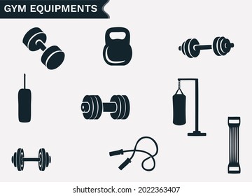 Gym equipment vector icon set on white background. Set of 9 vector icons