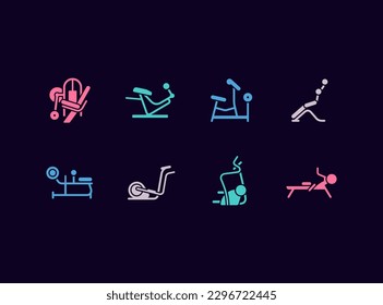 Gym equipment vector icon set. Fitness centre training machines icons.