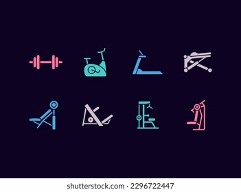 Gym equipment vector icon set. Fitness centre training machines icons.