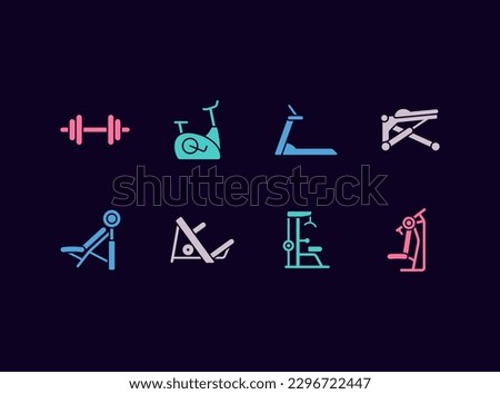 Gym equipment vector icon set. Fitness centre training machines icons.