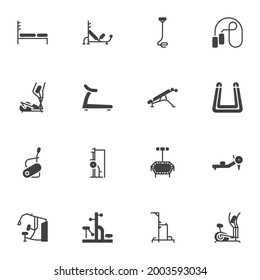 Gym equipment vector icons set, modern solid symbol collection, filled style pictogram pack. Signs, logo illustration. Set includes icons as sport training apparatus, gym machines, treadmill, bench