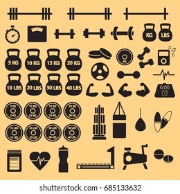 Gym equipment weights vector icon set