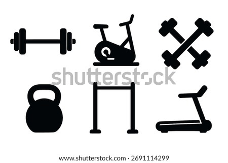 Gym equipment and workout icon set. Vector black symbols of strength and cardio training