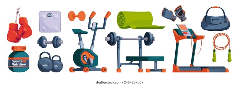 Gym equipment for workout set. Training accessories for sport club or home exercises. Treadmill, bike, dumbbells, bench with barbell, jump rope, mat, bag, scale, gloves. Isolated vector illustration.