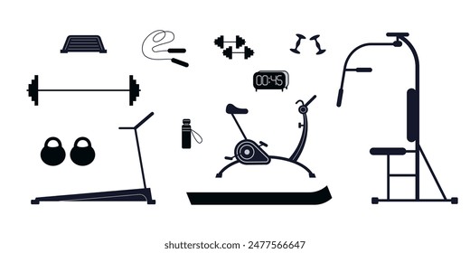 Equipo del gimnasio para el conjunto del entrenamiento. Accesorios de entrenamiento para club deportivo o ejercicios en casa. Cinta de correr, bicicleta, mancuernas, barra, cuerda de salto, estera, iconos de bola. Ilustración vectorial aislada.