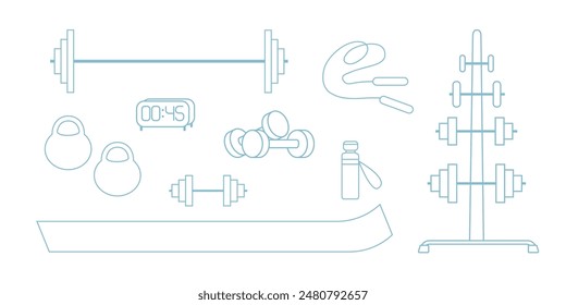 Gym equipment for workout set. Training accessories for sport club or home exercises. Bodybuilding, weightlifting. Dumbbells, barbells, jump rope, mat, icons. Isolated flat vector illustration.