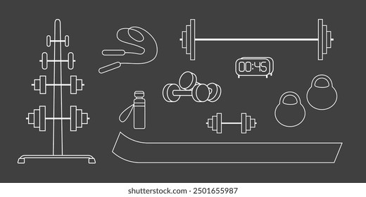 Gym equipment for workout set. Training accessories for sport club or home exercises. Bodybuilding, weightlifting. Dumbbells, barbells, jump rope, mat, icons. Isolated flat vector illustration.