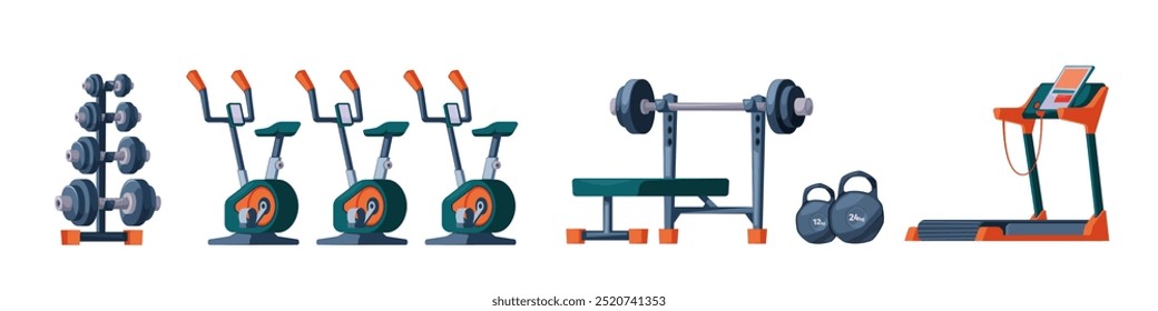 Equipamentos de ginástica para conjunto de treino. Acessórios de treino para clubes desportivos ou exercícios domésticos. Esteira, bicicletas, halteres, banco com sino. Halterofilismo, levantamento de peso. Ilustração isolada de vetor plano.