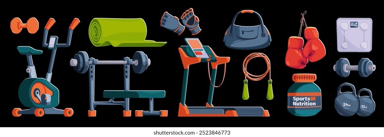 Gym equipment for workout set. Training accessories for sport club or home exercises. Treadmill, bike, dumbbells, bench with barbell, jump rope, mat, bag, scale, gloves. Isolated vector illustration.