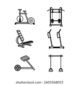 Gym equipment for workout set. Training accessories for sport club or home exercises. Treadmill. bike. dumbbells. barbell. jump rope. mat. ball icons. Isolated vector illustration