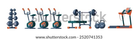 Gym equipment for workout set. Training accessories for sport club or home exercises. Treadmill, bikes, dumbbells, bench with barbell. Bodybuilding, weightlifting. Isolated flat vector illustration.