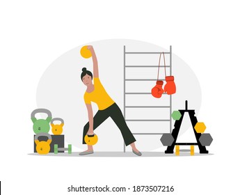 Gym equipped for athletic or gymnastic exercises, girl do exercises with dumbbell, weights, boxing gloves. Flat  vector illustration, isolated objects.