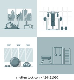Gym exercise equipment room interior indoor set. Linear stroke outline flat style vector icons. Monochrome cycle bike power weight lifting gymnastics rings ball wall bars icon collection.