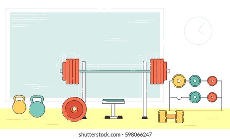 Gym exercise equipment room interior indoor set. Linear stroke outline flat style vector icons. Monochrome cycle bike power weight lifting gymnastics rings ball wall bars icon collection