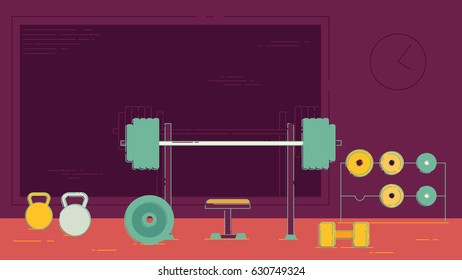 Gym exercise equipment room interior indoor set. Linear stroke outline flat style vector icons. Monochrome cycle bike power weight lifting gymnastics rings ball wall bars icon collection