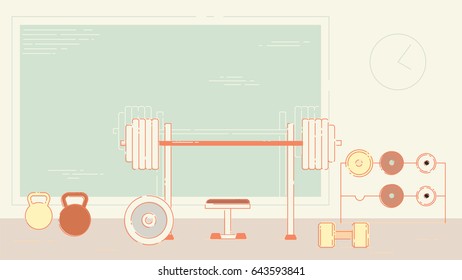 Gym exercise equipment room interior indoor set. Linear stroke outline flat style vector icons.  