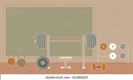 Gym exercise equipment room interior indoor set. Linear stroke outline flat style vector icons. Monochrome cycle bike power weight lifting gymnastics rings ball wall bars icon collection