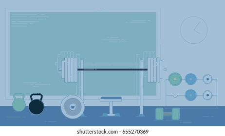 Gym exercise equipment room interior indoor set. Linear stroke outline flat style vector icons. Monochrome cycle bike power weight lifting gymnastics rings ball wall bars icon collection