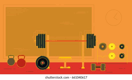 Gym exercise equipment room interior indoor set. Linear stroke outline flat style vector icons. Monochrome cycle bike power weight lifting gymnastics rings ball wall bars icon collection