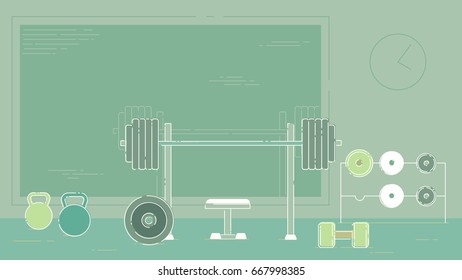 Gym exercise equipment room interior indoor set. Linear stroke outline flat style vector icons. Monochrome cycle bike power weight lifting gymnastics rings ball wall bars icon collection