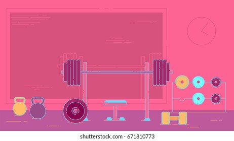 Gym exercise equipment room interior indoor set. Linear stroke outline flat style vector icons. Monochrome power weight lifting gymnastics rings ball wall bars icon collection