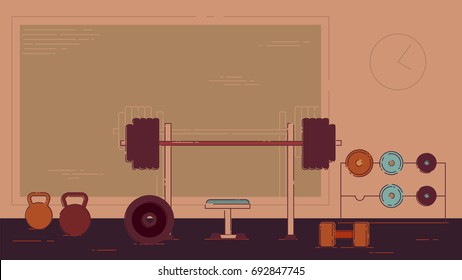 Gym exercise equipment room interior indoor set. Linear stroke outline flat style vector icons. Monochrome cycle bike power weight lifting gymnastics rings ball wall bars icon collection