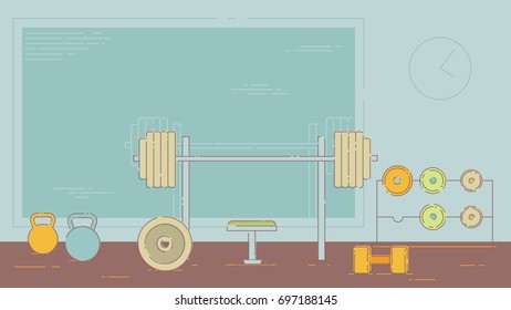 Gym exercise equipment room interior indoor set. Linear stroke outline flat style vector icons. Monochrome cycle bike power weight lifting gymnastics rings ball wall bars icon collection