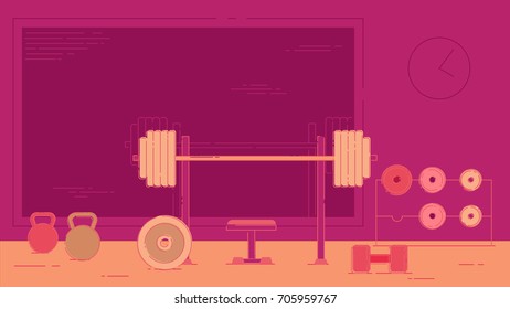Gym exercise equipment room interior indoor set. Linear stroke outline flat style vector icons. Monochrome cycle bike power weight lifting gymnastics rings ball wall bars icon collection