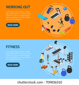 Gym with Exercise and Gymnastic Equipment Concept Banner Horizontal Set Isometric View Working Out. Vector illustration