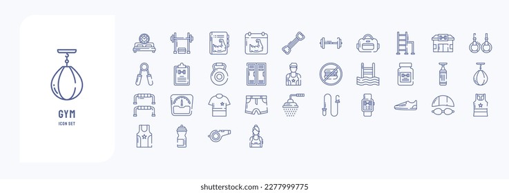 Gym and exercise icons, including icons like Bench Press, Chest Expander, Dumbbell, Gym Bag and more
