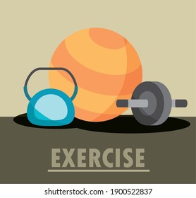 gym exercise kettlebell wheel abs and yoga ball equipment in flat style vector illustration
