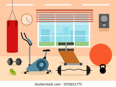 Gym with exercise machine, barbell, dumbbells and punching bag. Vector flat illustration