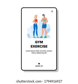 Gym Exercise Make People Abs Flat Abdomen Vector. Athletic Young Man And Woman Showing Muscular Belly After Gym Exercise. Characters Bodybuilder Sport Human Web Flat Cartoon Illustration