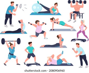 Gym exercise semi flat color vector character set. Posing figures. Full body people on white. Fitness isolated modern cartoon style illustration for graphic design and animation collection