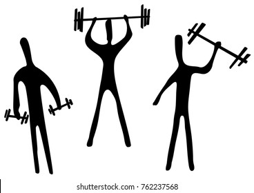 Gym exercise weight lifting figure stencils black, vector illustration, horizontal, over white, isolated