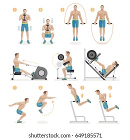 Gym exercises machines sports equipment. Vector Illustration.