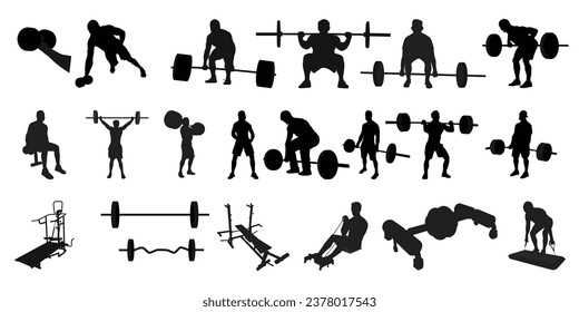 Gym Exercises silhouettes Vector Illustration. Bodybuilder and Gym Elements Silhouette Set.