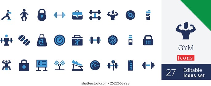 Gym  filled colorful vector icon set. with treadmill, body care, exercise, gym bag, water bottle and more solid design