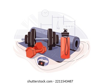 Gym fit vector background with sport equipment yoga mat, bottle, smart watch, dumbbell. Fitness workout illustration in simple flat cartoon style.