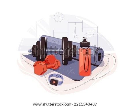 Gym fit vector background with sport equipment yoga mat, bottle, smart watch, dumbbell. Fitness workout illustration in simple flat cartoon style.