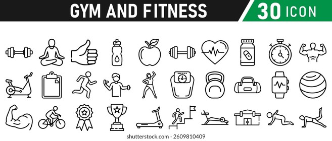 Gym and fitness 30 icon set. Healthy lifestyle, weight training, body care, and workout or exercise equipment are icons. Icons vector collection.