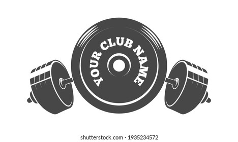 Gym Fitness or Athletic club emblem with barbell weight drawn in engraving style. Vector illustration.