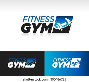 Gym fitness barbell logo icon with swoosh graphic element 