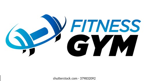 Gym fitness barbell logo icon with swoosh graphic element 